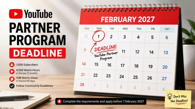 A calendar marked with the 1 February 2027 YouTube Partner Program deadline