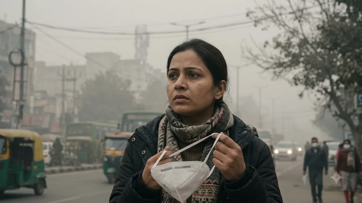 धुंध भरे शहर में N95 मास्क पकड़े महिला