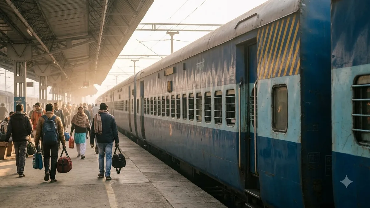 रेलवे प्लेटफॉर्म पर यात्री और पीछे पीली धारियों वाला नीला ट्रेन डिब्बा