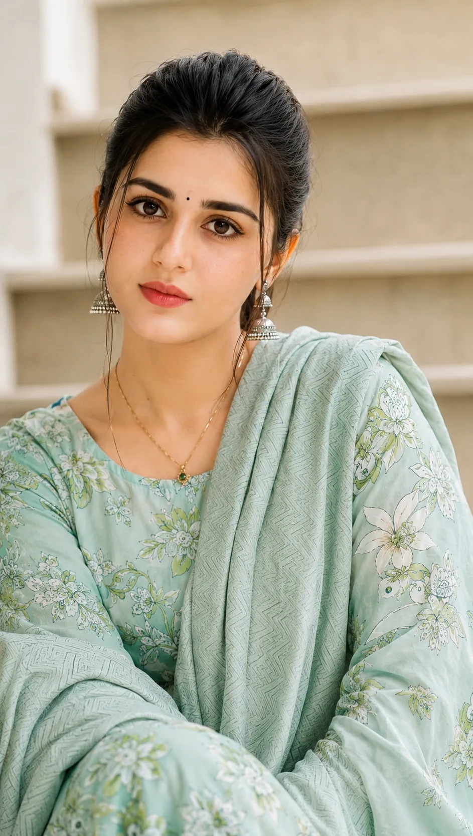 Girl Sitting Pose in Mint Green Floral Salwar Suit
