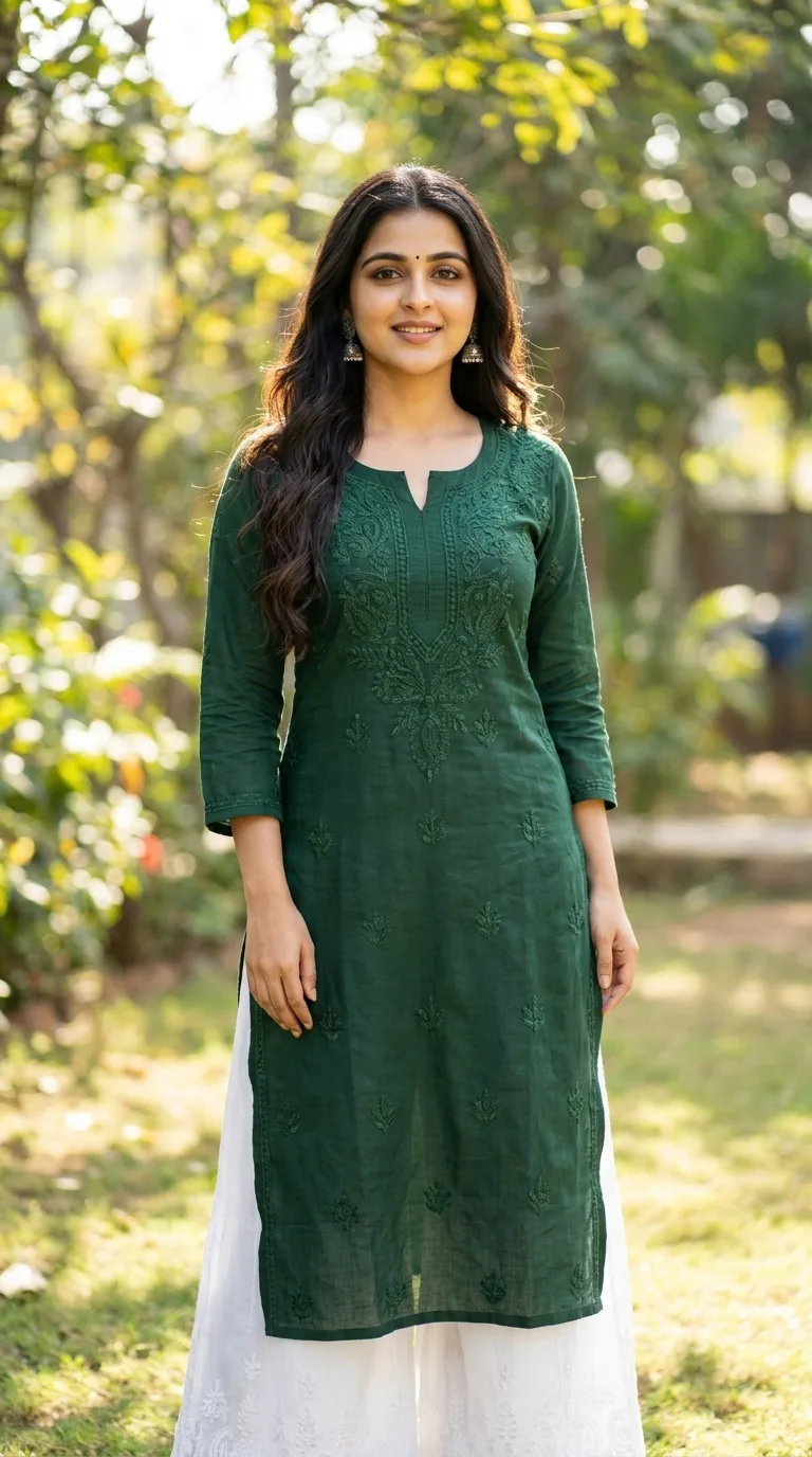 Girl Standing Pose in Dark Green Kurti with Natural Smile Outdoor Portrait