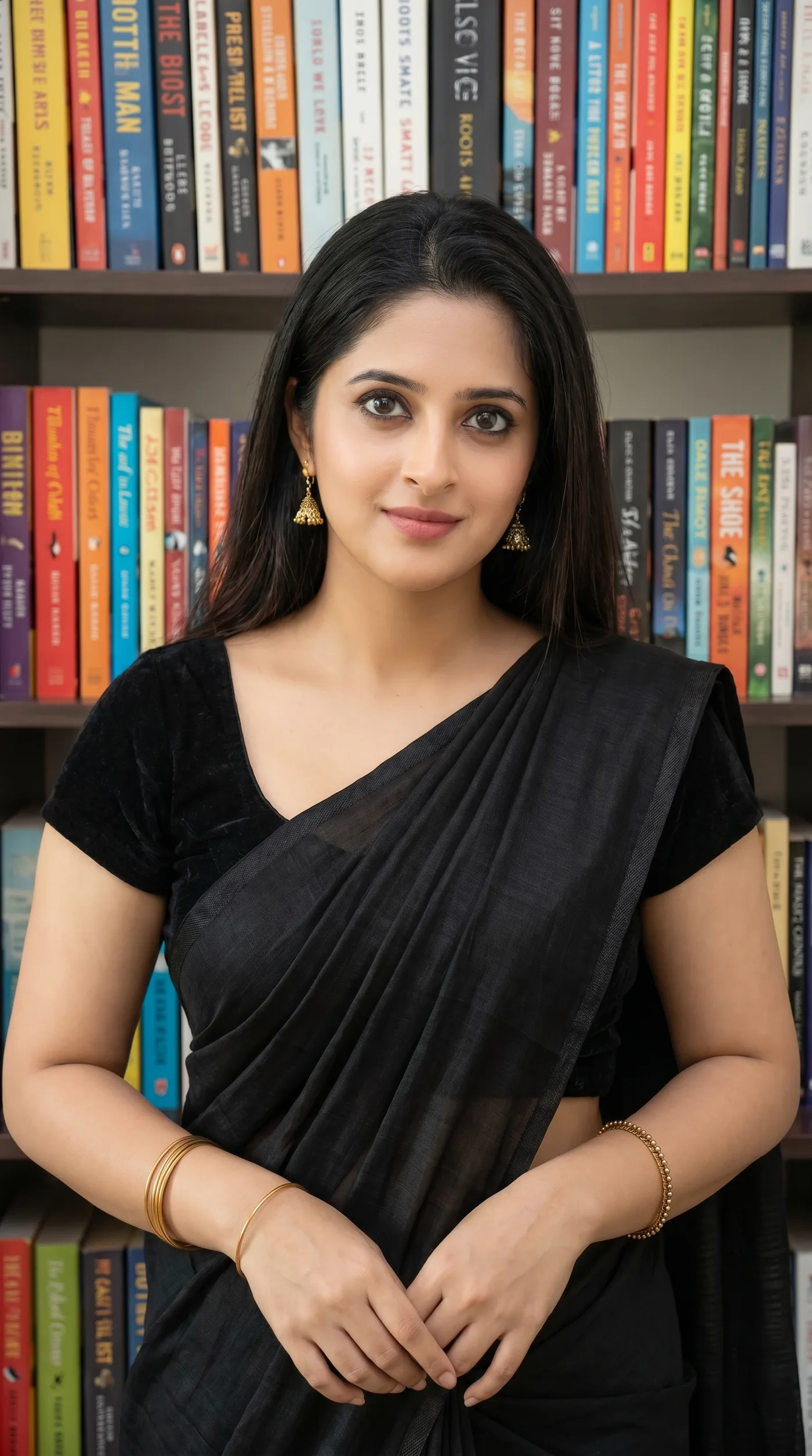 Indian Woman in Black Saree Standing Pose