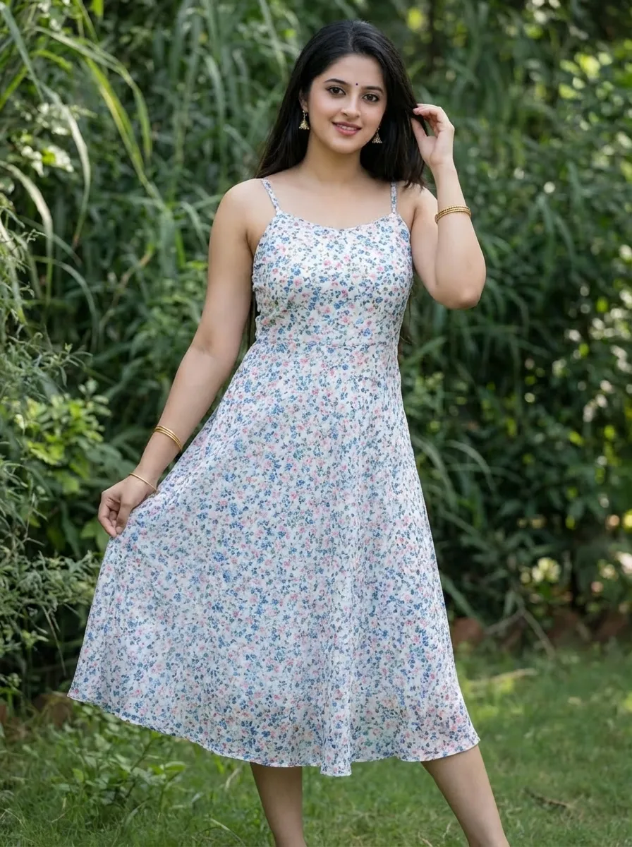 Floral Midi Dress with Thin Straps 1