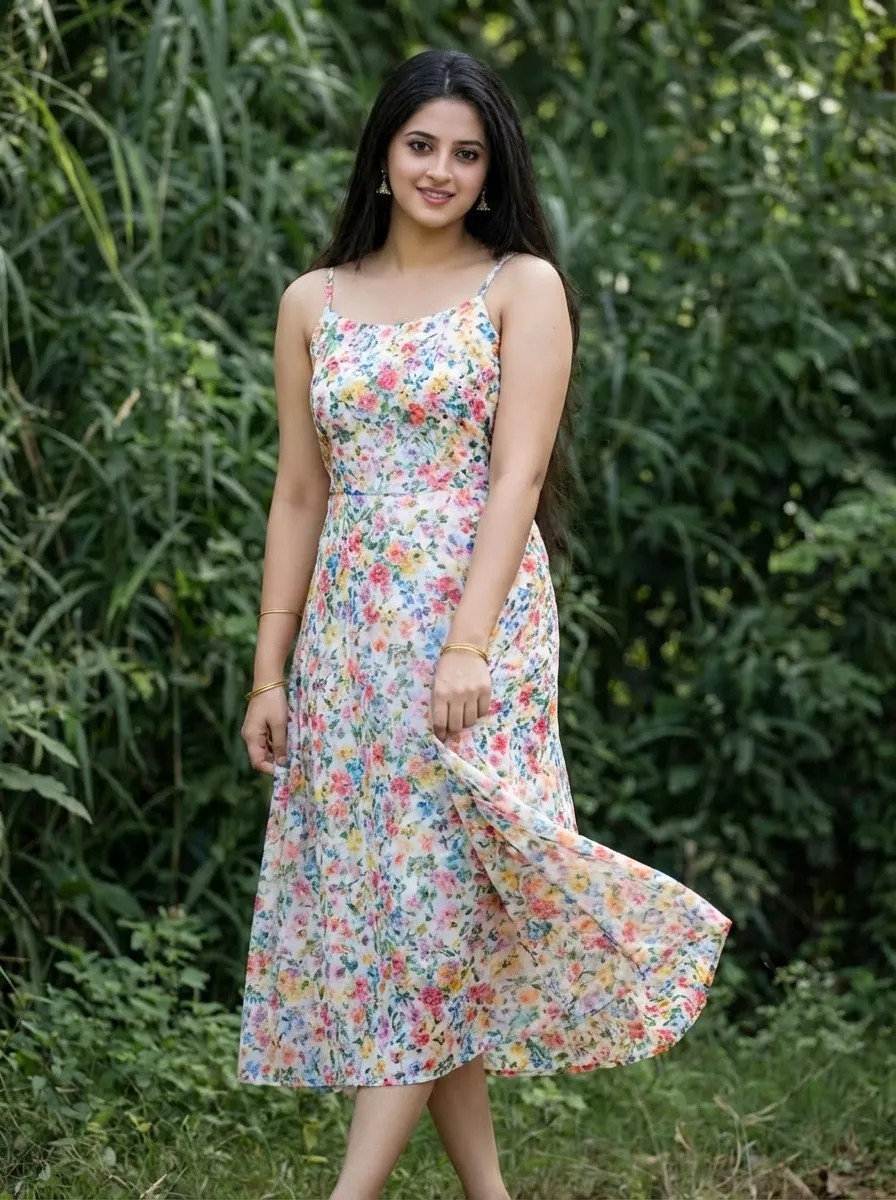 Floral Midi Dress with Thin Straps