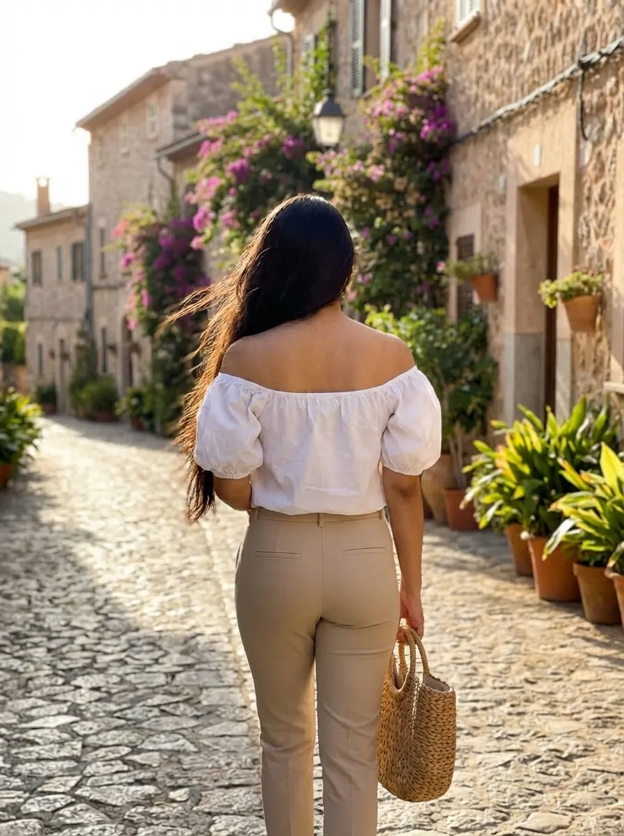 Top 10 Summer Outfits for Women (Globally Famous 2026) 23 Off Shoulder Puff Sleeve Top Cigarette Pants 3